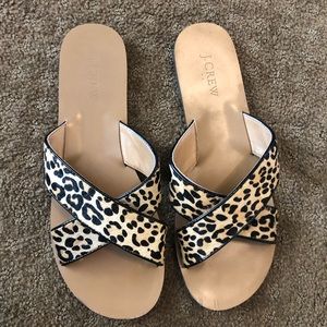 J crew leopard sandal flats calf hair cross strap
